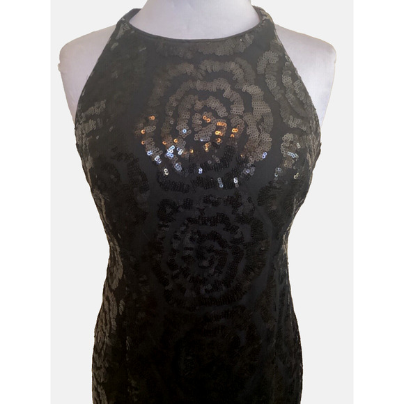 💋 CALVIN KLEIN - BLACK SEQUIN ALL OVER BODY CON HALTER COCKTAIL DRESS - SZ 4 - Picture 3 of 9